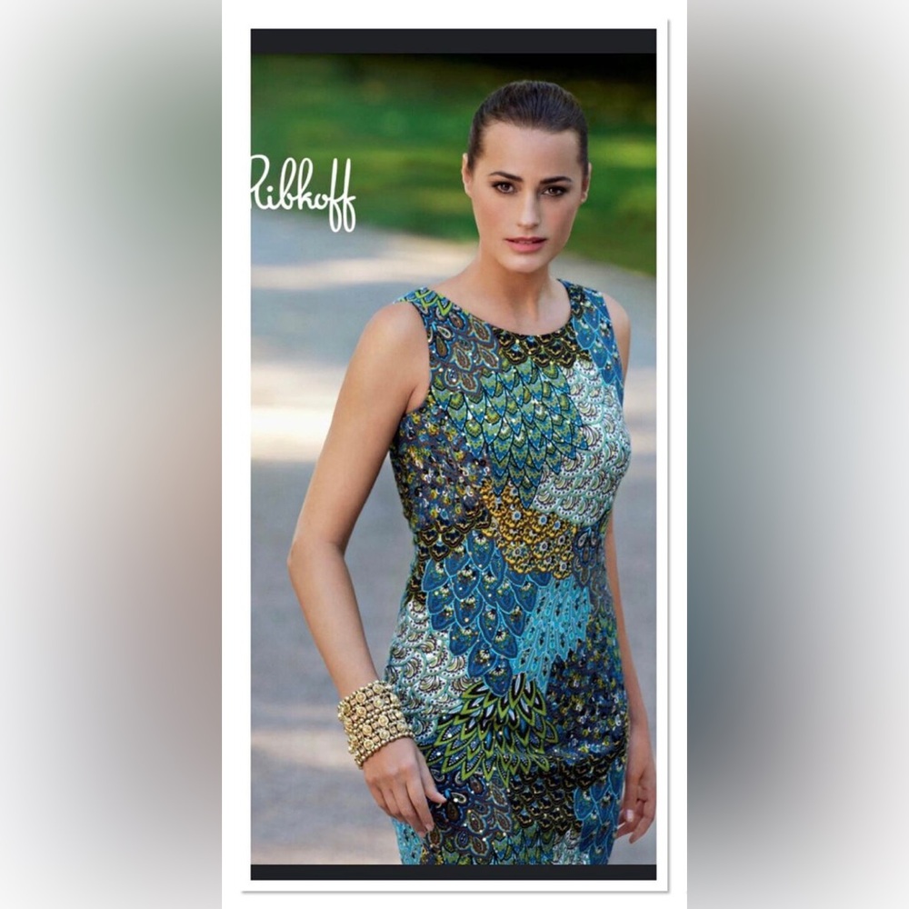Joseph Ribkoff Sequined Colorful peacock/palm Dress